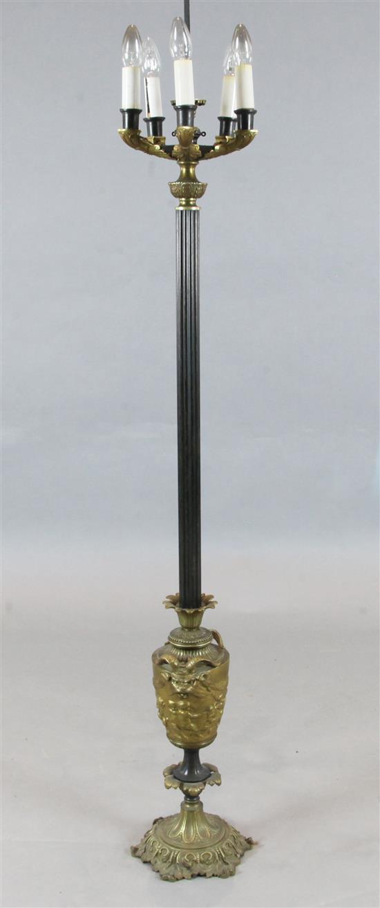 A Regency style bronze and ormolu five light lamp standard, overall H.5ft 8in.